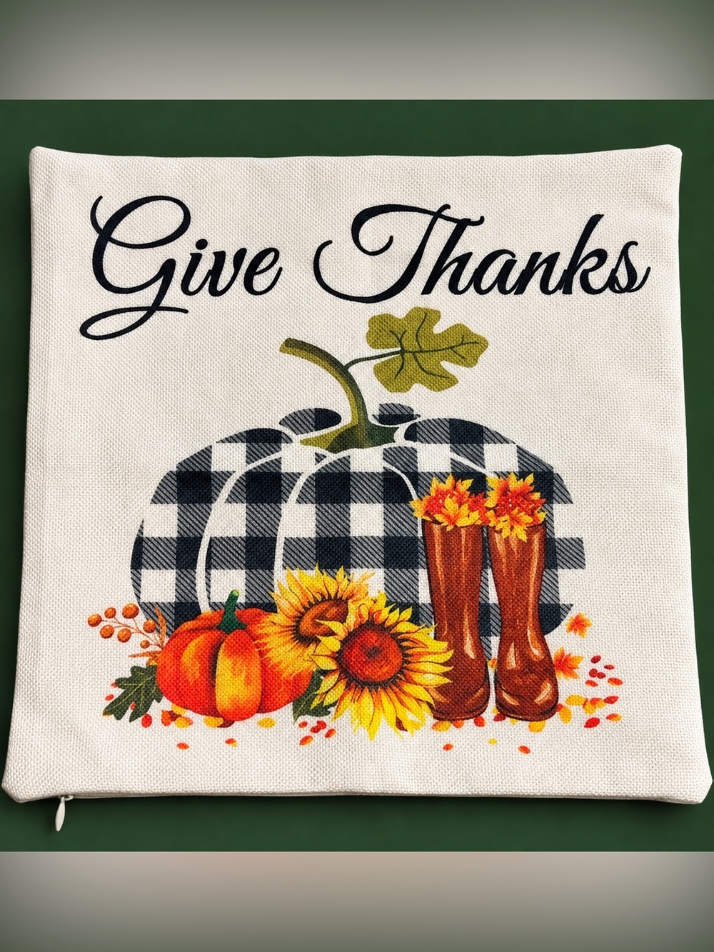 Give Thanks Fall Pillow Cover Buffalo Check Pumpkin Sunflower Farmhouse Decor